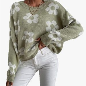 OYOANGLE Ribbed Knit Long Sleeve Floral Shoulder Loose Sweater
